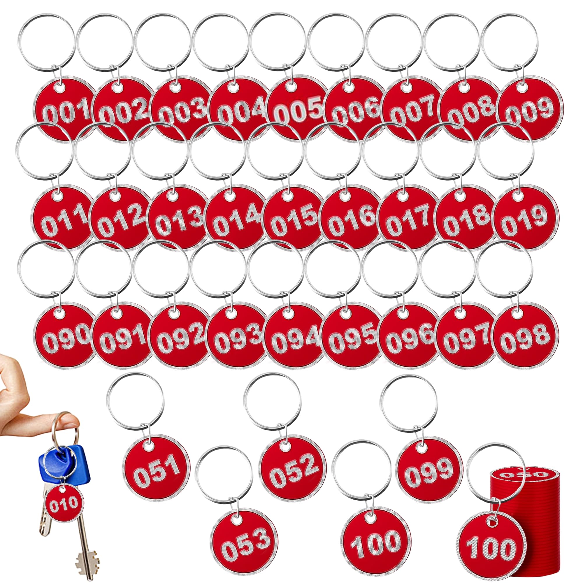 Photo 1 of 100 Pcs 1-100 Numbered Key Tags Round ID Aluminum Alloy Metal Number Tags Marking Hang Luggage Labels with Rings for Dormitory Key Chain Box Cabinet Lockers(Round Red)