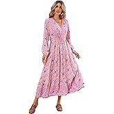R.Vivimos Women's Long Sleeve Cotton V-Neck Button Up Floral Print Boho Flowy Midi Dresses