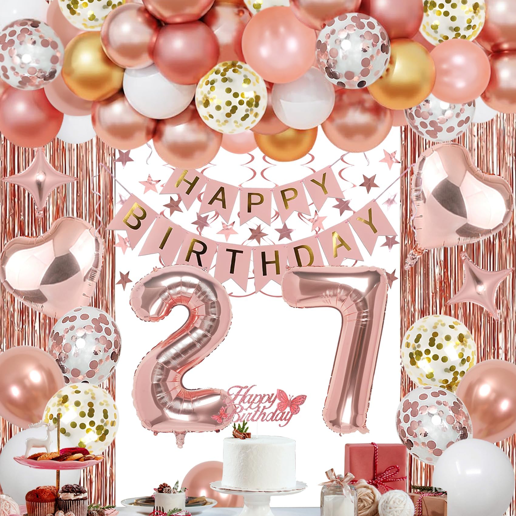 Photo 1 of NANINUNENO 27th Rose Gold Birthday Party Decorations for Women, Rose Gold Happy Birthday Banner, Fringe Curtains, Heart Foil Balloons, Confetti Balloons, Cake Topper for 27th Birthday Decorations