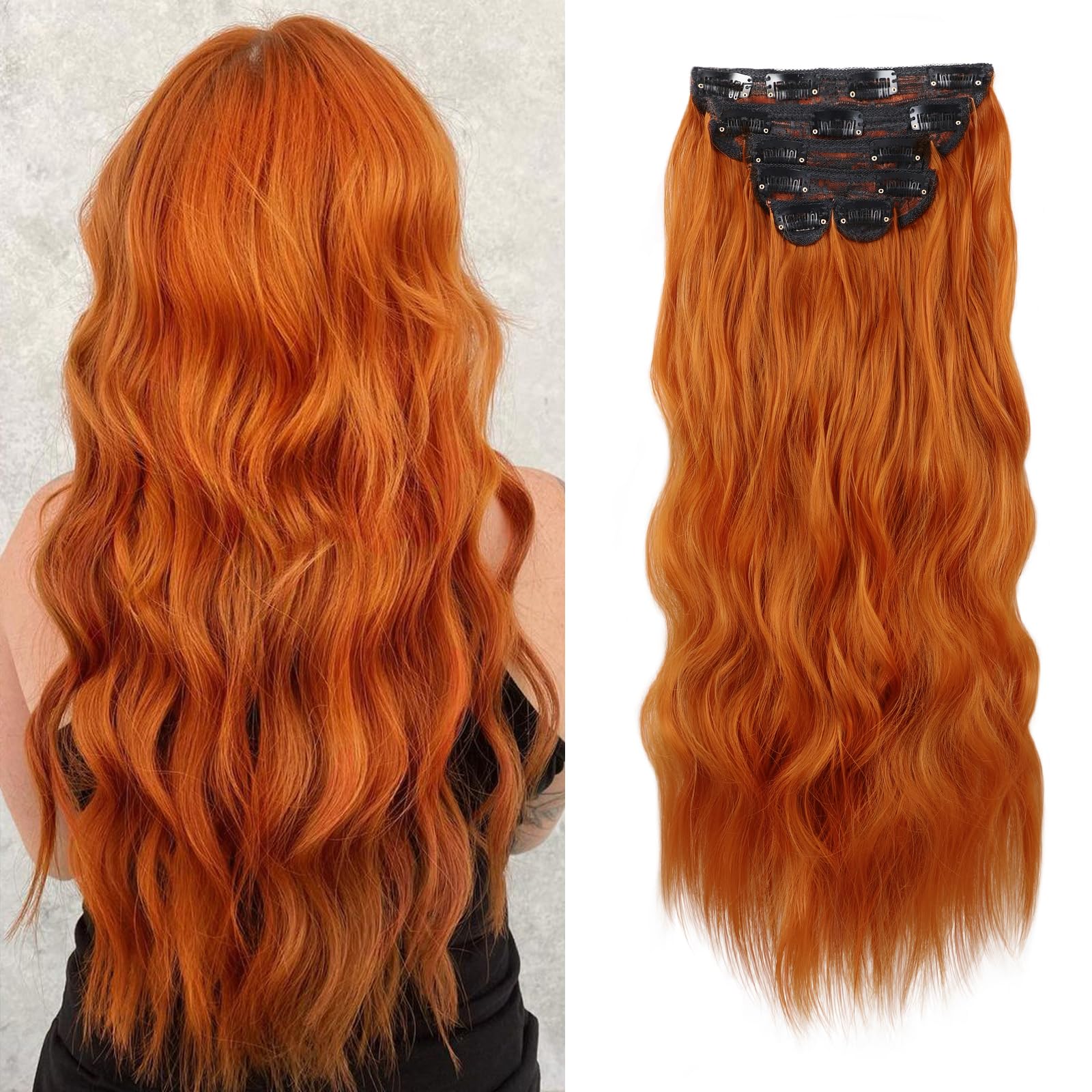 Photo 1 of WECAN Clip in Hair Extension 24 Inch Ginger 6PCS Long Wavy Curly Hairpieces for Women Cooper Red Natural Thick Synthetic Fiber Double Weft Hair Full Head