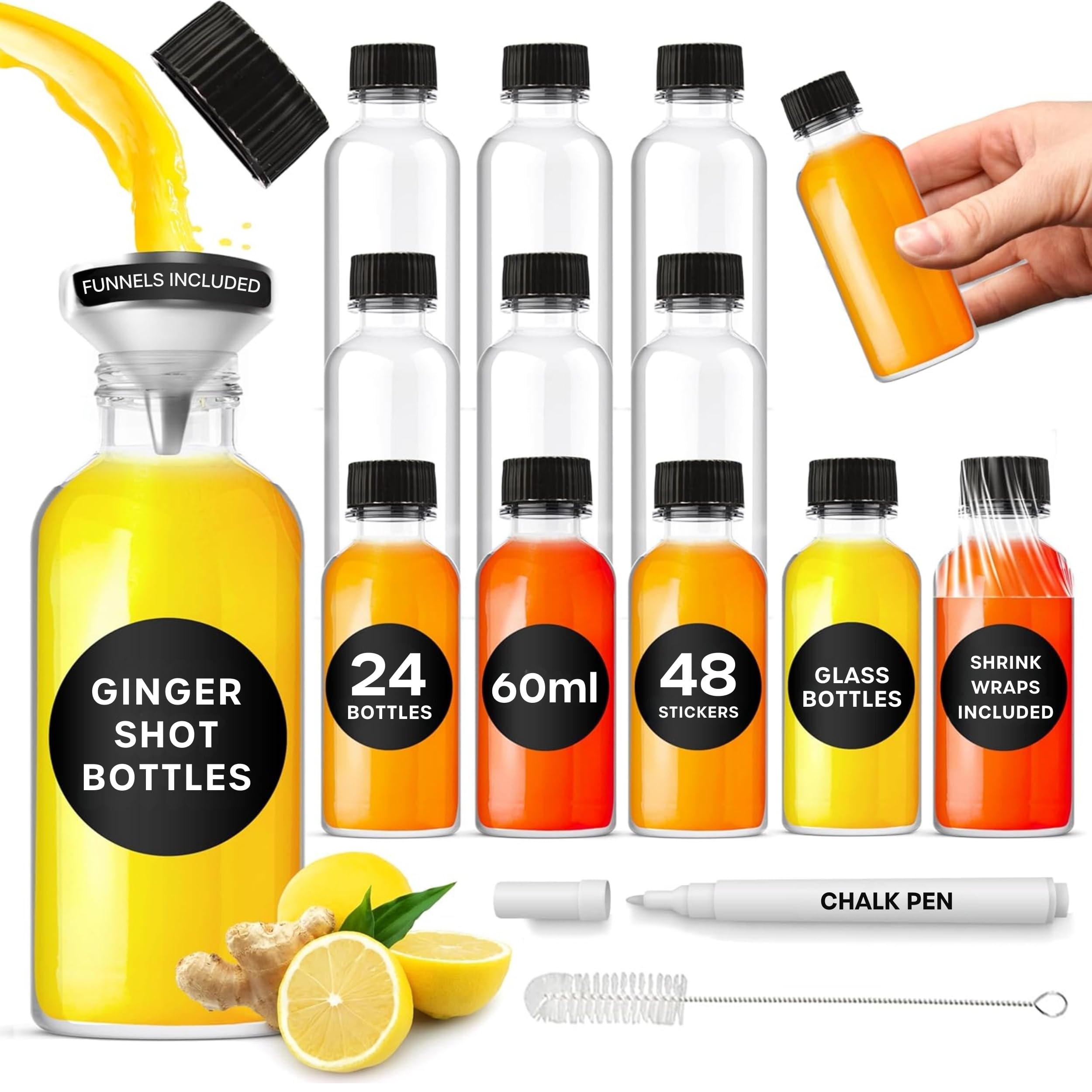 volila Ginger Glass Shot Bottles Mini Set of 24 x 2oz or 60ml with Pouring Funnel, 48 Round Stickers and Chalk Pen for Labelling, Essential Oils, Whisky, Alcohol, Wedding Favours Décor, Clear - Pack