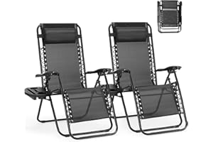 Smug Folding Zero Gravity Chair, Set of 2 Outdoor Lounge Chairs, Portable Reclining Camping Chair with Adjustable Pillow and Cup Holder Trays for Patio Garden Lawn Beach, Black