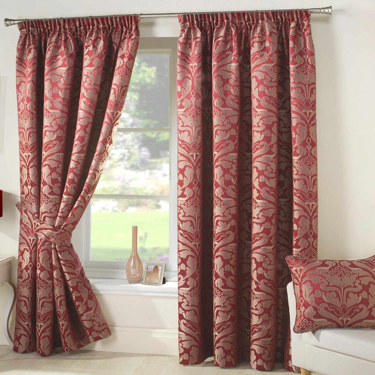 One Pair High Quality Lined Damask Curtains Red Gold 66x54