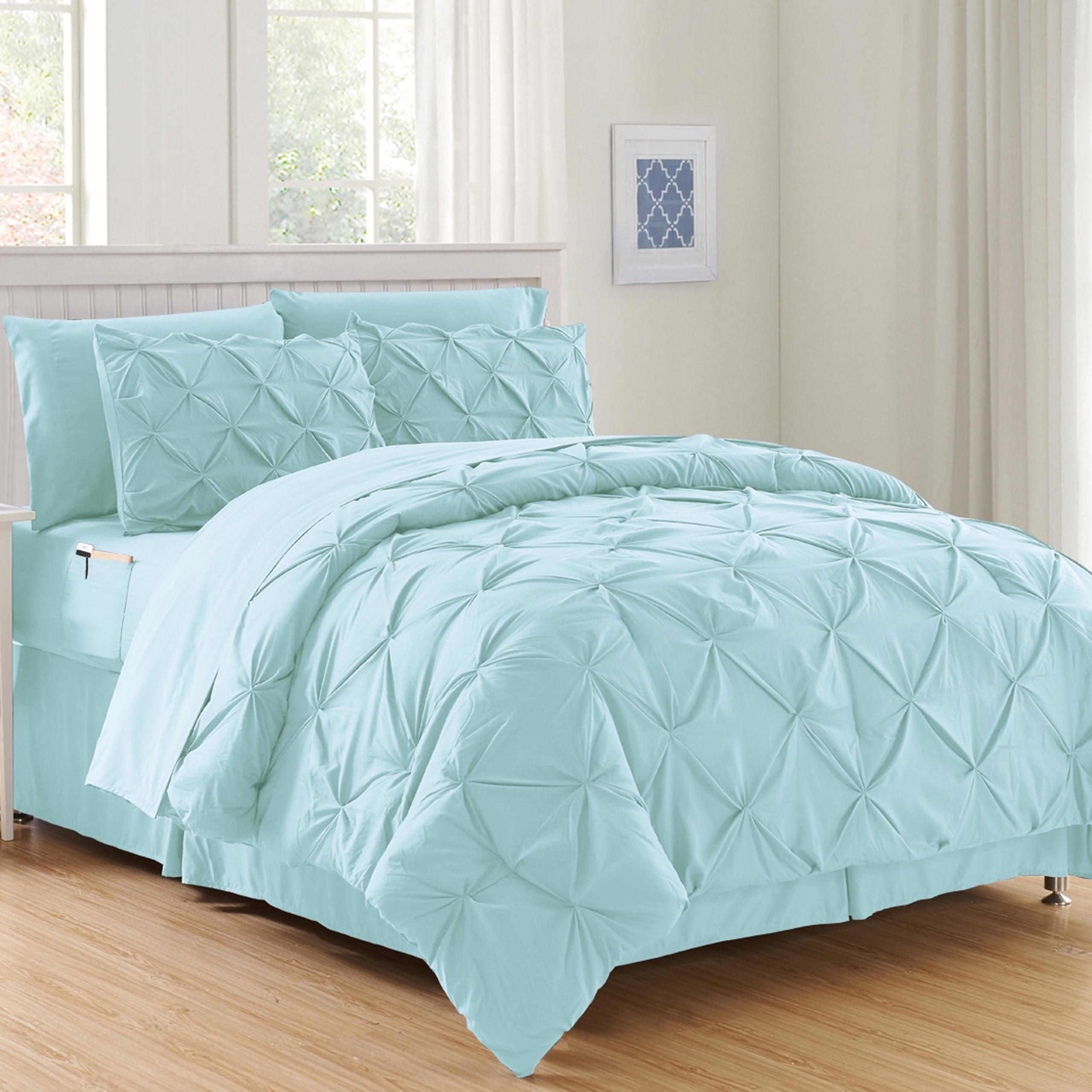 Elegant Comfort Luxury Best, Softest, Coziest 8-PIECE Bed-in-a-Bag Comforter Set on Amazon Silky Soft Complete Set Includes Bed Sheet Set with Double Sided Storage Pockets, Full/Queen, Aqua