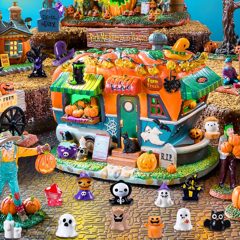 32pcs Halloween Mini Resin Figures 32 Styles Tiny Resin Animals Little Small Figures to Hide Pumpkin Ghost Skull Miniatures Bulk for Halloween Party Favors Bag Fillers Garden Dollhouse Decor