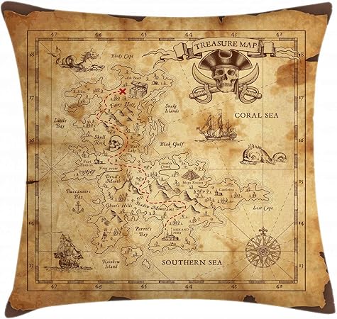 Pour Usage Interieur Et Exterieur 45 X 45 Cm Beige Carte Au Tresor Detaillee E Rustique Pirates Or Secret Mer Histoire Theme Abakuhaus Carte De Lile Hausse De Coussin Cuisine Maison