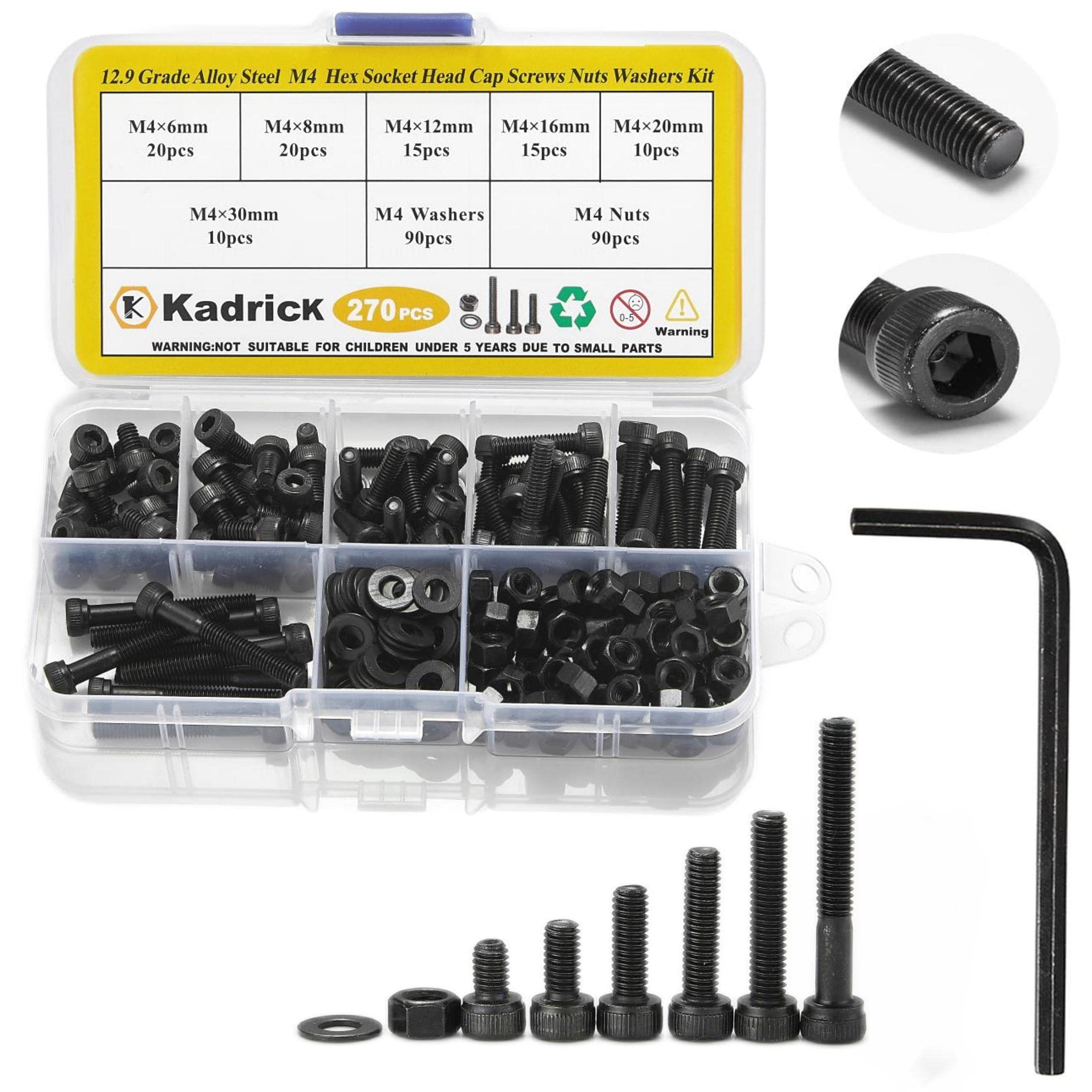 Photo 1 of (USED/FAIR) Kadrick Metric Screws Assortment,270 Pcs M4 Screw Kit,Hex Socket Head Cap Bolts, M4*6mm/8mm/12mm/16mm/20mm/30mm Screws Nuts and Washers, 12.9 Grade Alloy Steel,Black Zinc Plated,Anti Rust Upgrade