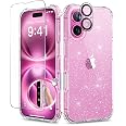 BERFY Compatible with iPhone 16 Case Glitter, [3 in 1] with Screen Protector + Camera Len Protector, [Non-Yellowing] Clear Sparkle Slim Shockproof Hard Phone Cover for Women 6.1, Transparent