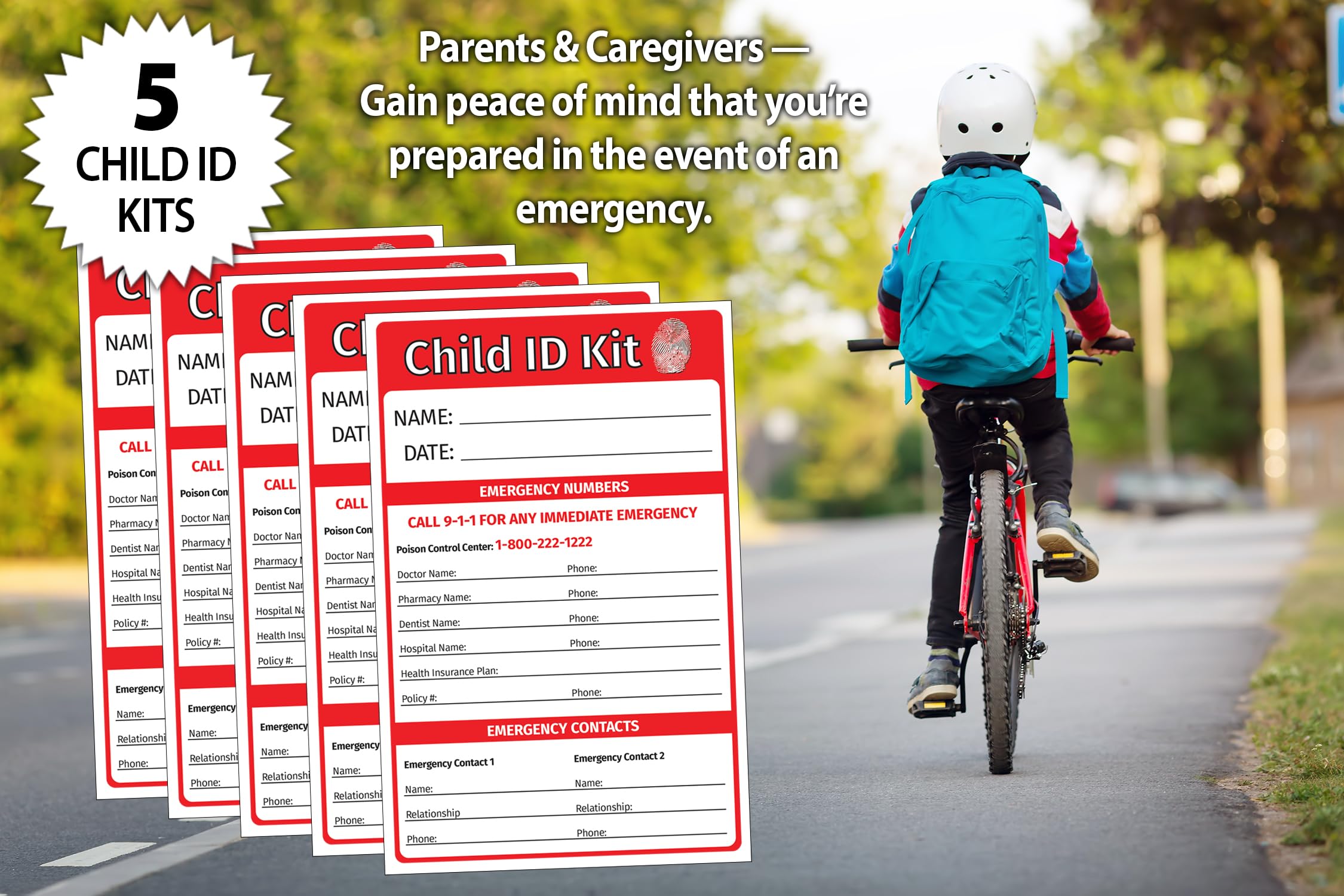 Child ID Fingerprint Kits (5 Pack) - Finger Print Kits for Kids - Child Emergency Identification Cards - English/Spanish - Includes Ink Strips for Fingerprinting