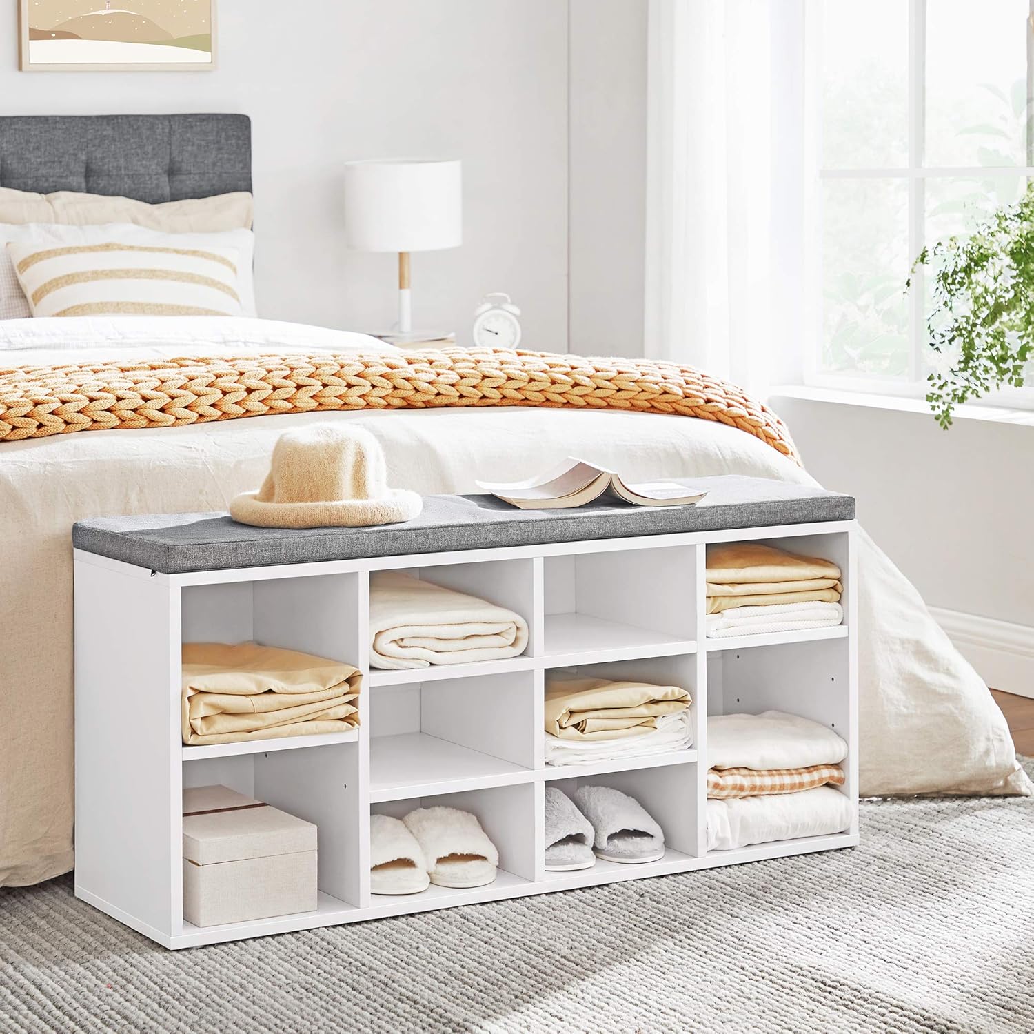 VASAGLE Cubbie Shoe Cabinet Storage Bench with Cushion, Adjustable Shelves, Holds up to 440lb, White ULHS10WT: Kitchen & Dining
