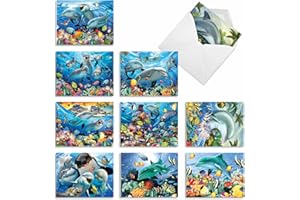 The Best Card Company - 10 All Occasion Blank Cards (4 x 5.12 Inch) - Nautical, Ocean, Sea Life Assortment of Notecards - Multi Porpoises M6643OCB
