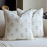 FIOUOVO Embroidered Floral Pillow Covers 18x 18 Set of 2 Cotton Farmhouse Throw Pillow Covers with Piping Edge Decorative Cushion Covers for Sofa Couch Bedroom Living Room, Beige