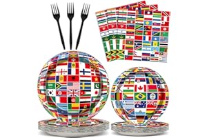 OBUSATT 96 Pcs International World Flags Party Supplies Country Flag Paper Plates Travel Trip Around the Globe Party Plates and Napkins Forks World Flags party decorations for Birthday Baby Shower Serves 24