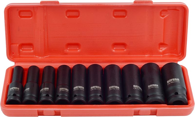 DAYUAN 1/2 Drive Impact Deep Socket Set 10Pcs 10-24mm Cr-Mo Steel Automotive DIY