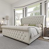 AMERLIFE King Size Platform Bed Frame, Chenille Upholstered Sleigh Bed with Scroll Wingback Headboard & Footboard/Button Tuft