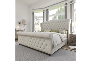 AMERLIFE King Size Platform Bed Frame, Chenille Upholstered Sleigh Bed with Scroll Wingback Headboard & Footboard/Button Tufted/No Box Spring Required/Cream