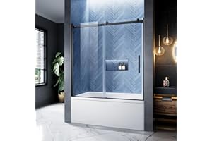 BOUGAINORA Bathtub Shower Door, 56-60" W x 60" H Frameless Single Sliding Tub Shower Door, 5/16" (8mm) SGCC Clear Tempered Glass with Dual Easy-Clean, Stainless Steel Hardware (Matte Black, 60" W x 60" H)