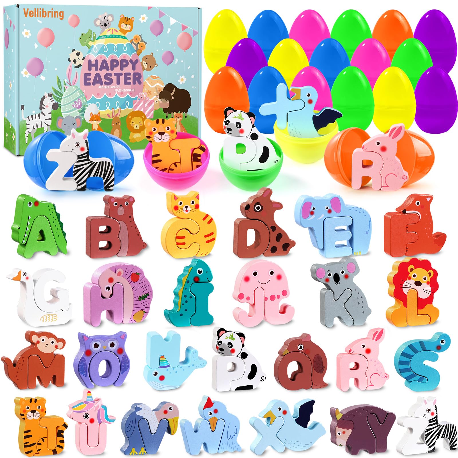 Vellibring 26 Pack Prefilled Easter Eggs with Animal Alphabet Wooden Puzzles, Plastic Easter Eggs with Animal ABC Learning Toys for Kids Easter Basket Stuffers Hunt Gifts Toddlers Classroom Prize