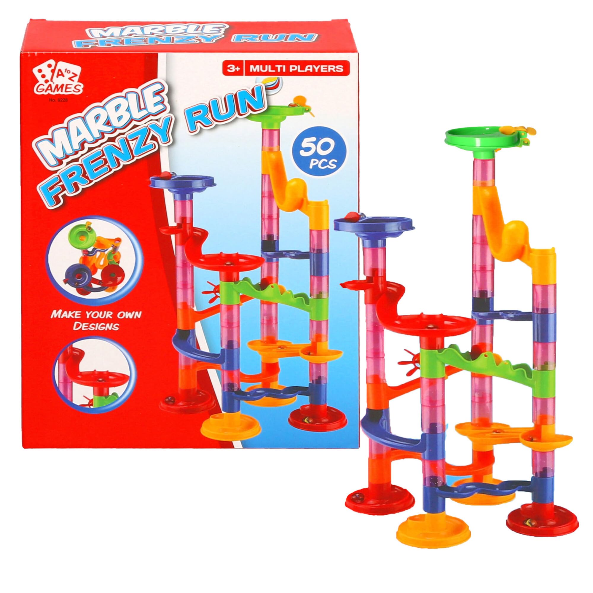 Marble Frenzy Run Building Set, 50 Pieces, Multi-Player Marble Run Game, Ages 3+, Make Your Own Designs