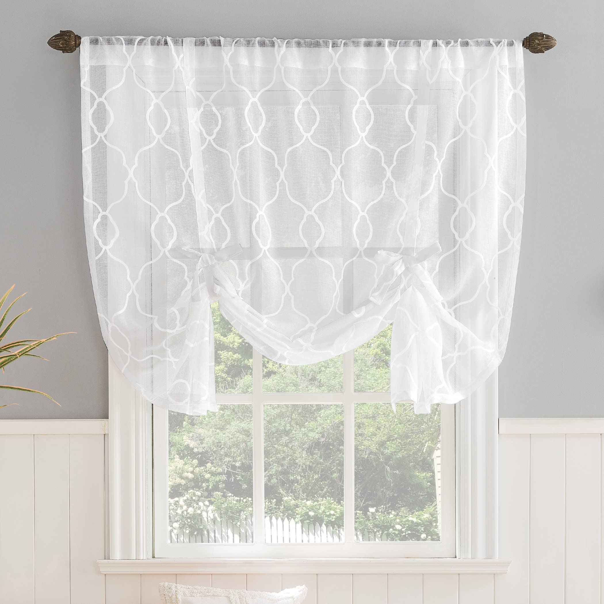 Photo 1 of No. 918 Allerton Embroidered Trellis Rod Pocket Window Tie-up Balloon Shade, 52" x 63", White