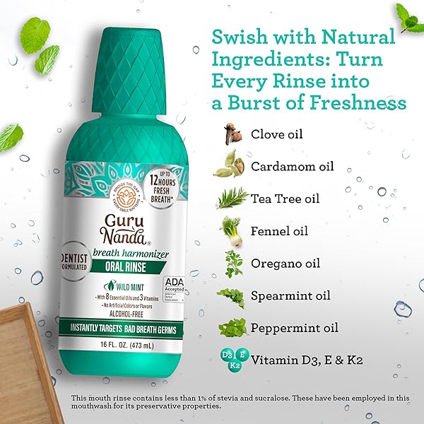 GURUNANDA ORAL RINSE FRESH BREATH MOUTHWASH, ADA-ACCEPTED ALCOHOL-FREE MOUTHWASH, 7 ESSENTIAL OILS & VITAMINS, SLS & FLOURIDE-FREE, WILD MINT, 16 OZ