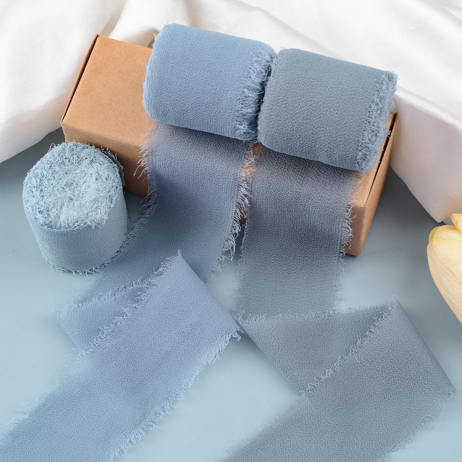 WANDIC Chiffon Ribbon Fringe, Frayed Edges Ribbon Silk-Like Ribbon Fringe Edges Ribbon for Gift Bouquet Wrapping Wedding Festival Decor DIY Craft (Blue Mix, 3pcs-3.8cm)