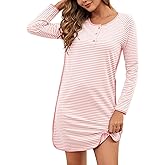 VibeVista Nightgowns for Women Soft Cotton Striped Sleepwear Sleep Shirts Long Sleeve Crew Neck House Dresses Night Gown