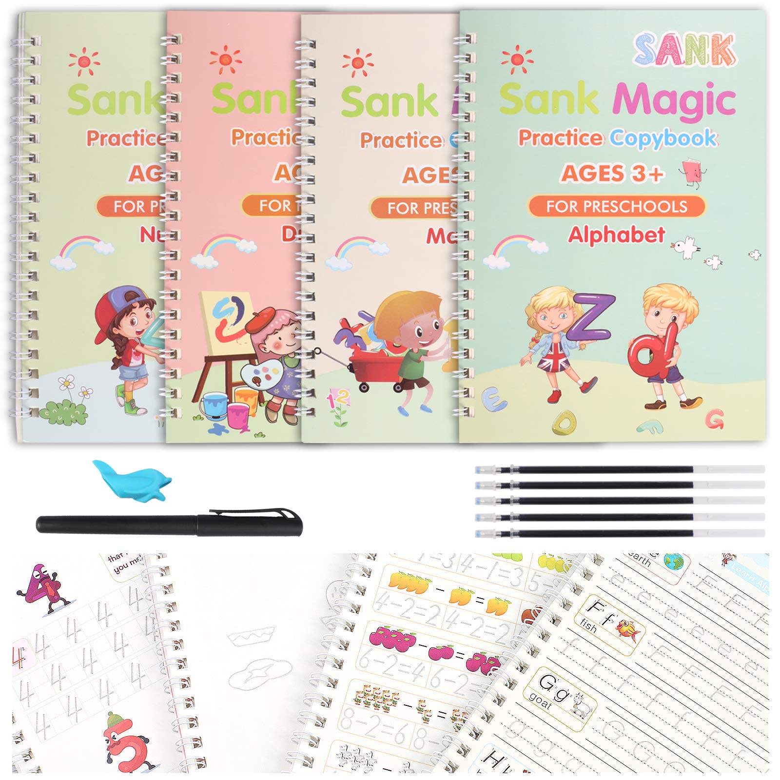 funvce Magic Practice Copybook for kids, 4 Pack Calligraphy Set with Handwriting Pens for Beginners, Children Tracing Workbook for Drawing,Math,Numbers,English Alphabet (Small)