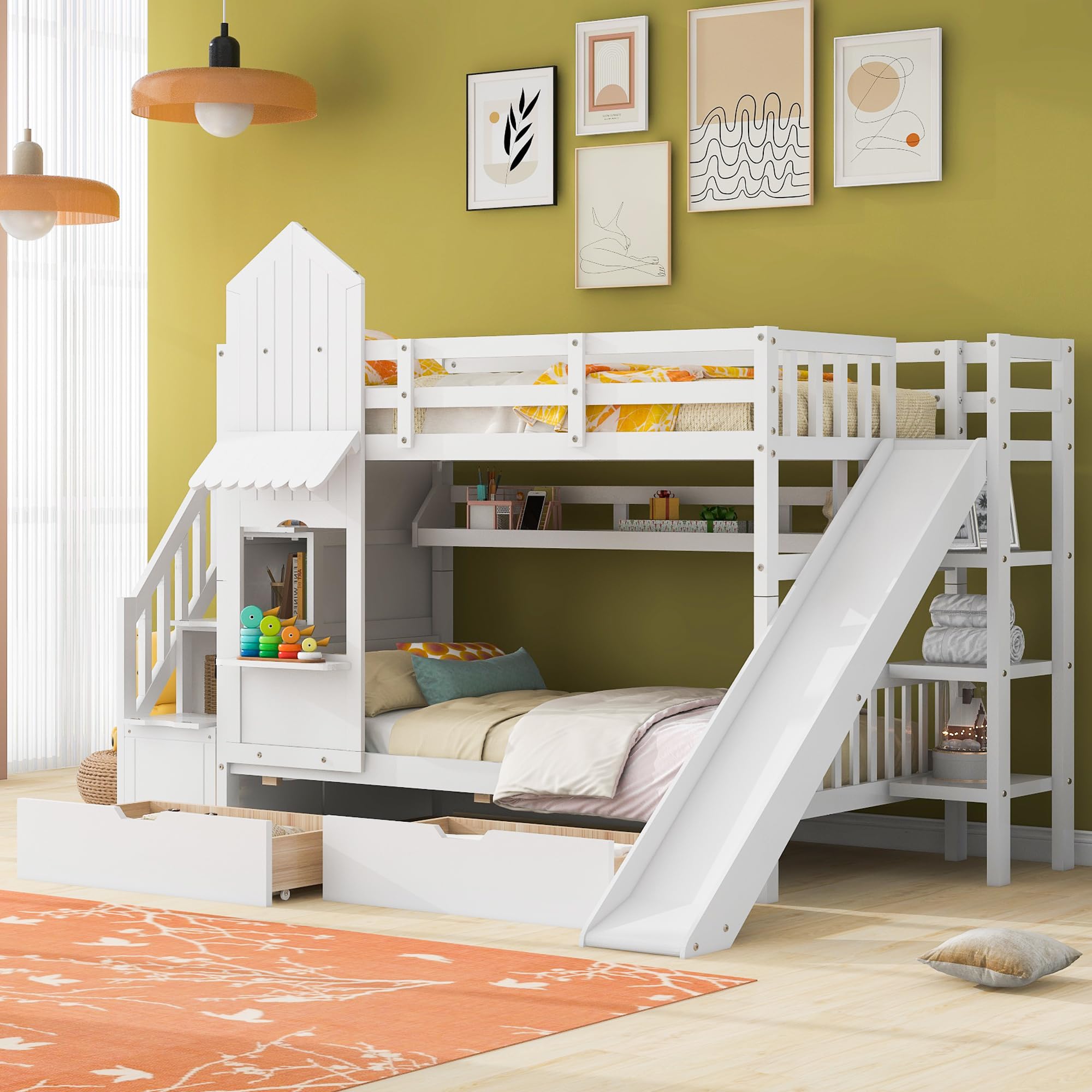 Photo 1 of **BOX 3 OF 3, MISSING BOXES 1 & 2*** Ball & Cast Twin-Over-Twin Castle Style Bunk Bed,Wood Bunkbed w/ 2 Drawers and 3 Shelves,Full-Length Fence,Bedframe with Slide & Storage Ladder,Space Saving,Slat Support,for Child's Bedroom,White