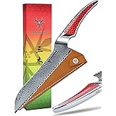 SANMUZUO 8 inch Serrated Bread Knife, Japanese VG-10 Damascus Steel Kitchen Knife, Ultra Sharp Bread Cutting Knife with Full-tang Handle in Red Resin, LA-S9 Series