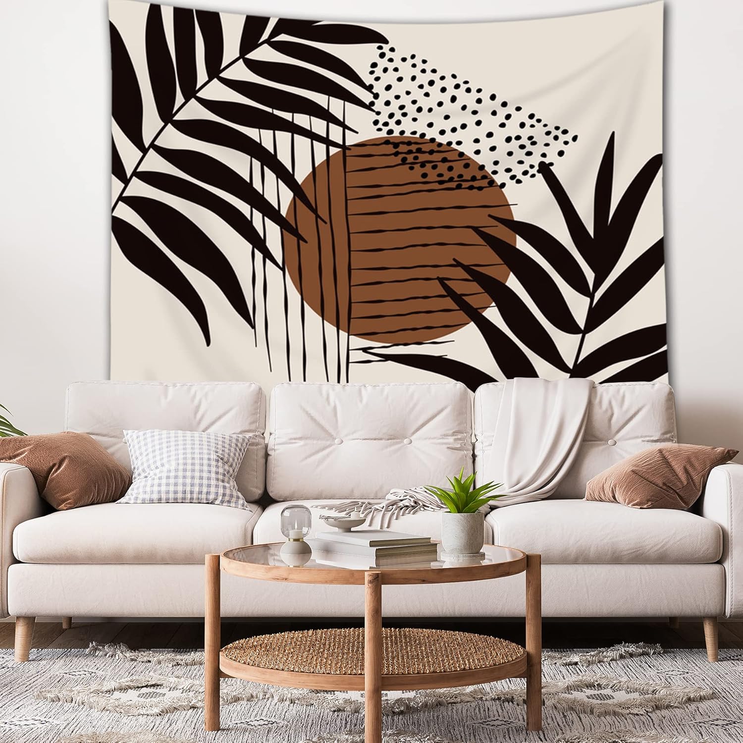Tapestries - LGhtyro Mid Century Modern Fabric Wall Hanging Tapestry 59Wx51H Inch Abstract Sun Leaves Brown Geometric Black Art Dot Minimalist Vintage Simple Boho Palm Bedroom Dorm Living Room Wall Art Home Decor