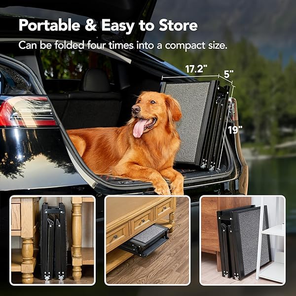 PETTHEM DOG RAMP FOR CAR 71” X-LONG & 17.2″ WIDE FOLDING DOG RAMPS FOR LARGE DOGS WITH NON-SLIP RUG SURFACE PORTABLE DOG CAR RAMP FOR SUV CAR & TRUCK, OUTDOOR DOG RAMP UP TO 250 LBS