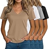Riyiper 4 Pack Women's V Neck T Shirts Short Sleeve Casual Tunic Tops Loose Fit Summer Curved Hem Basic Tee