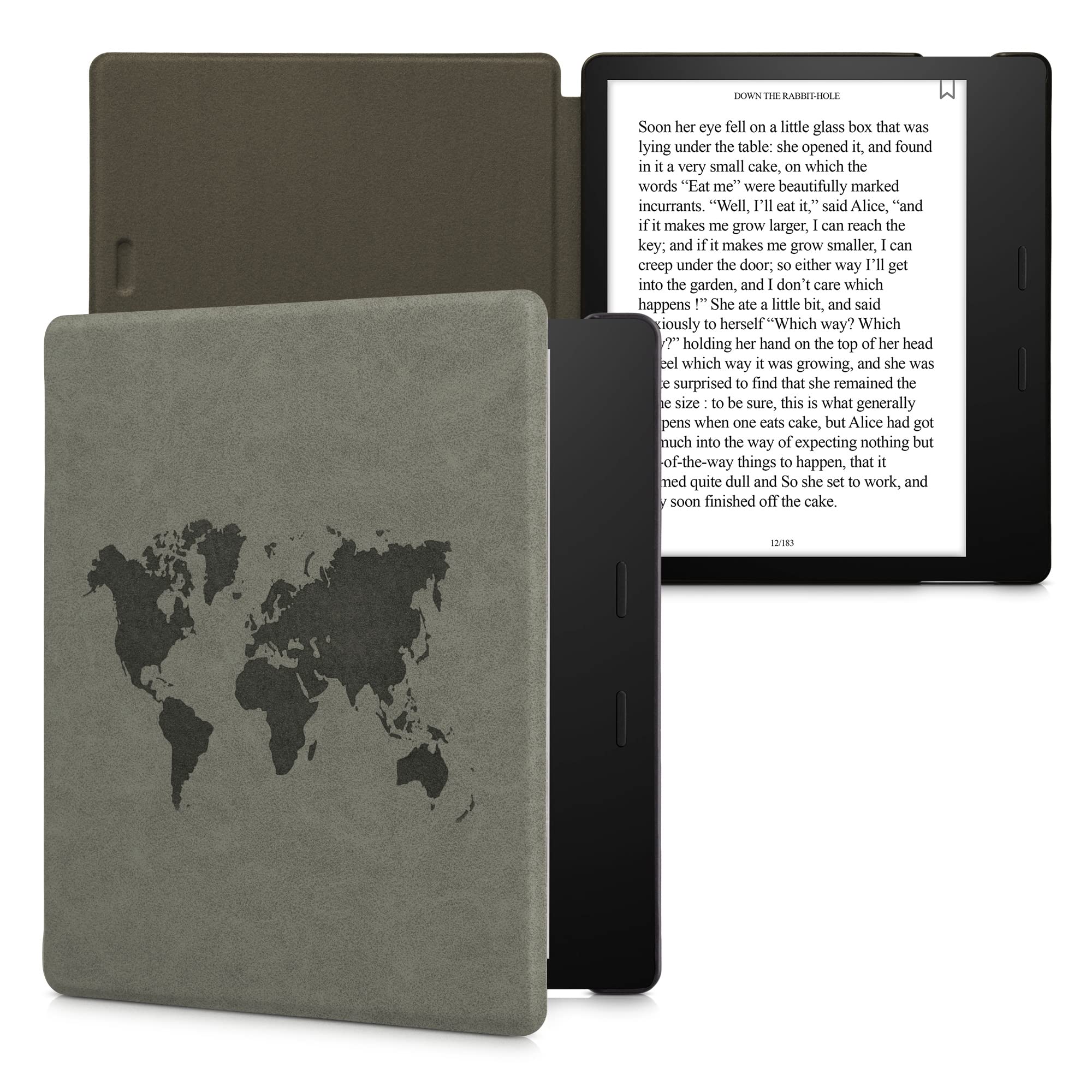 kwmobile Case Compatible with Amazon Kindle Oasis 10. Generation - Faux Suede Cover - Travel Outline Grey