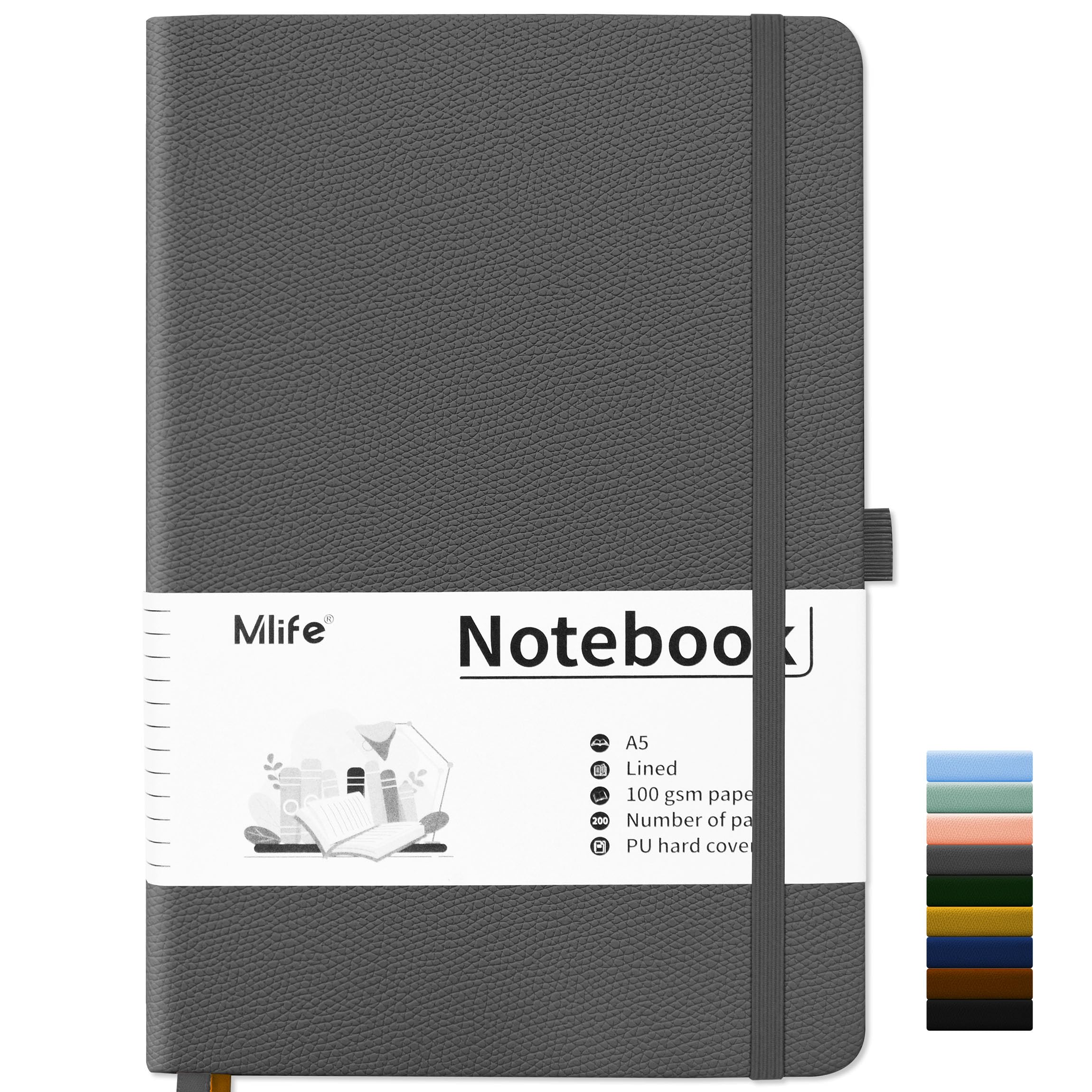 Mlife A5 Notebook-Lined Journal Notebooks with 200 Pages,100 Gsm Thick Paper,PU Hard Cover Notepad with Inside Pocket for Writing,Notepad,Journals for Women Men School Office- Gray