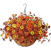 Artificial Flowers Fall Hanging Basket Plants for Outdoor Decorations, Fake Mums Faux Silk Flower UV Resistant Autumn Decor for Outside Garden Patio Front Porch Balcony Window (Orange Yellow Brown)