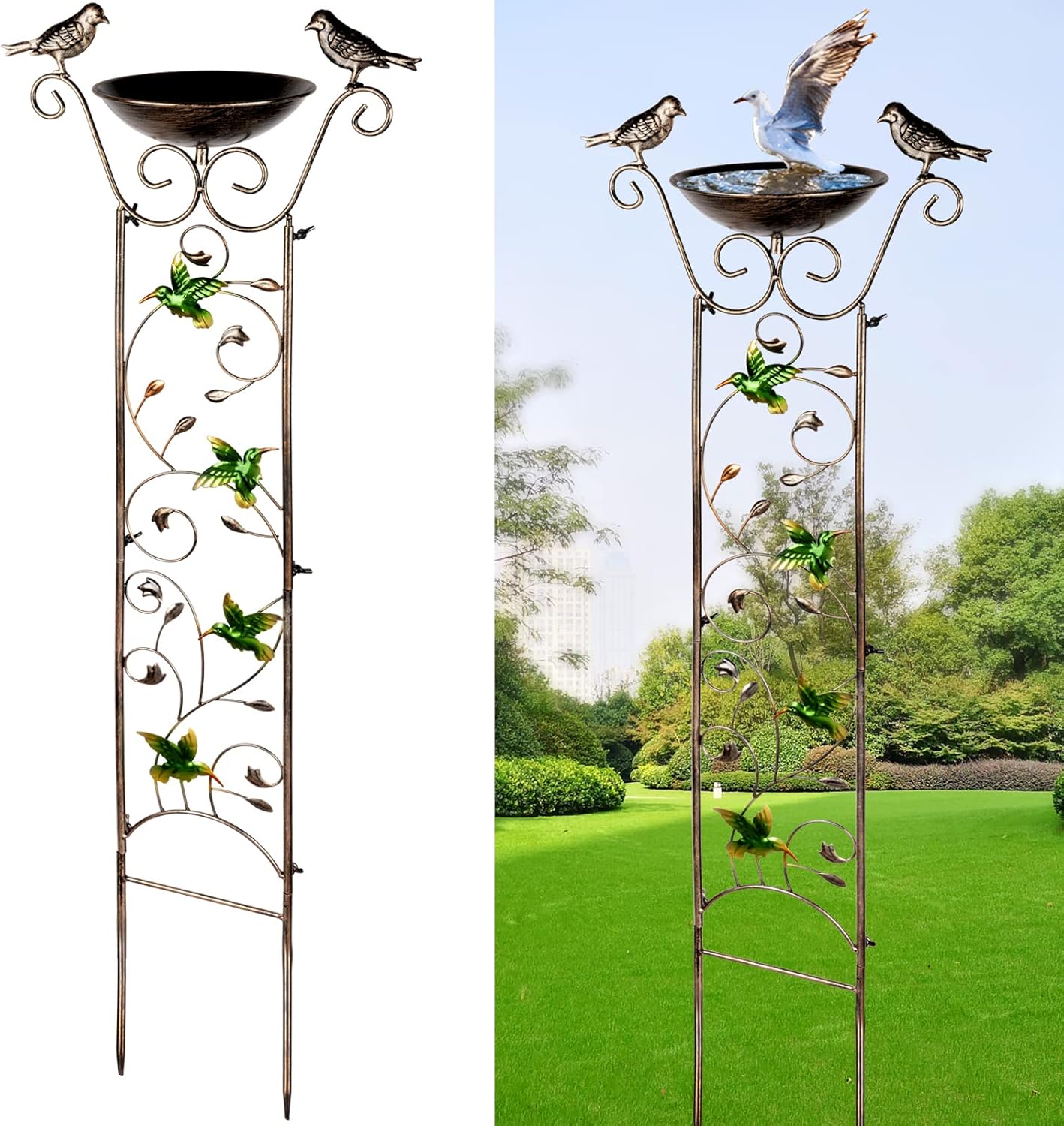 Backyard Birding & Wildlife - YingFeiModern Freestanding Bird Bath for Outdoor with Plant Trellis 2 in 1 Baths Bowl Metal Bird Feeders Trellis for Climbing Plants Garden Hummingbird Decoration