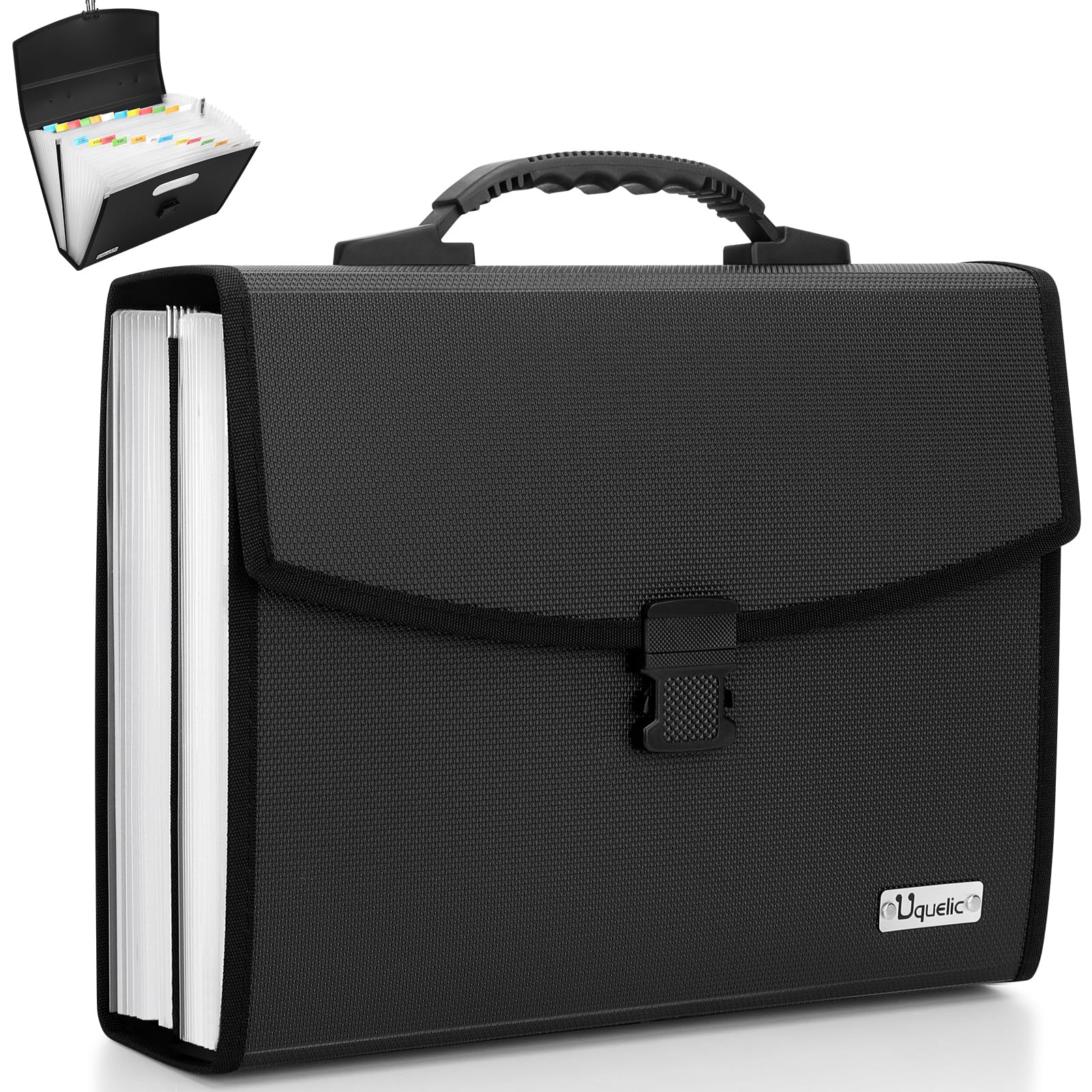 Uquelic Expanding File Folder 26 Pockets - Upgraded Durable Buckle with Ergonomic Handle/Large A4 Expandable File Organizer/Accordion Filing Document for Business Home (Black)