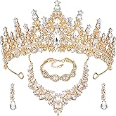 Inbagi 4 Pcs Quinceanera Crowns Costume Jewelry Sets Bride Wedding Crystal Queen Crowns Rhinestone Necklace Dangle Earrings Link Bracelet Set (Gold)