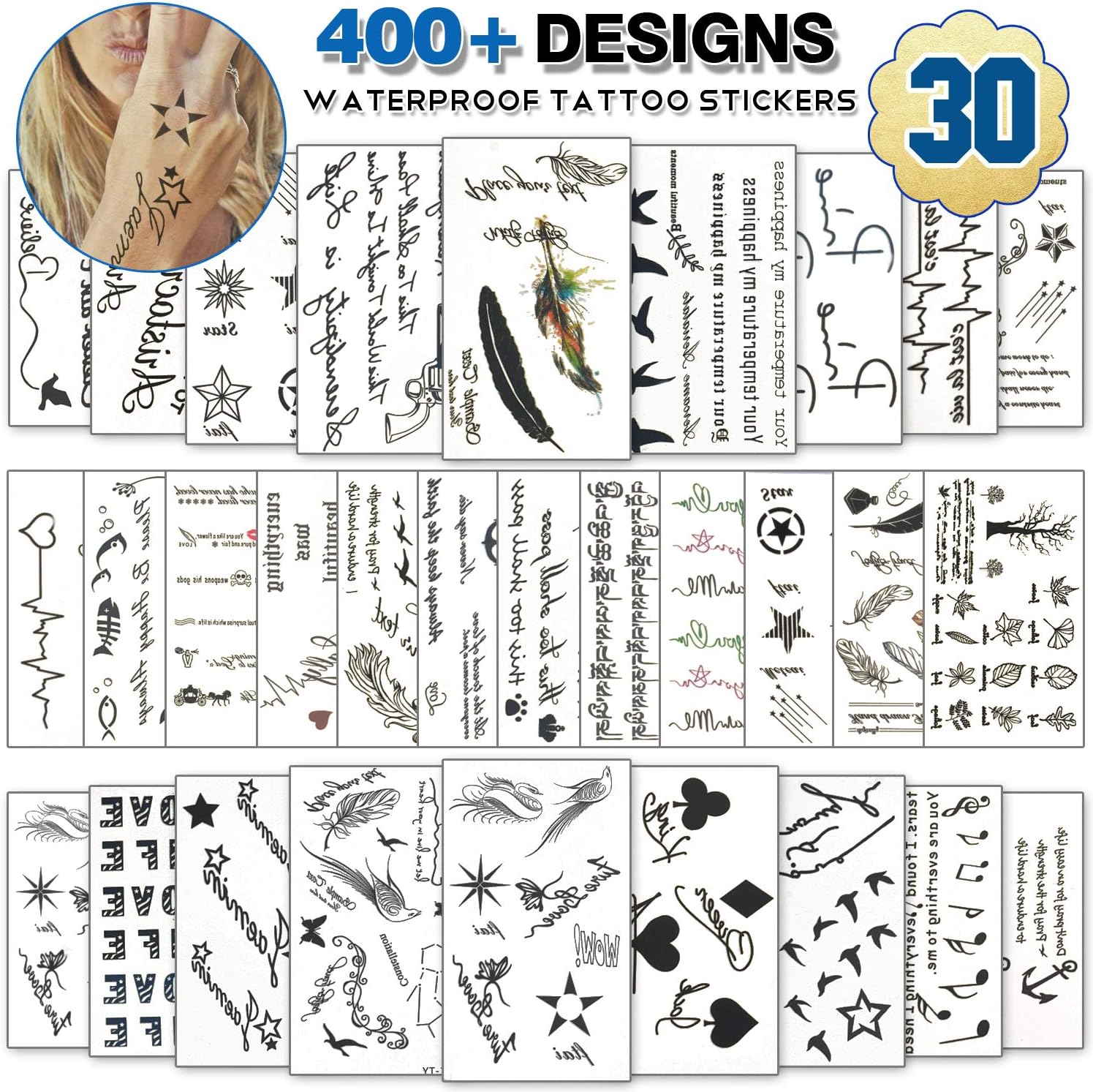 Temporary Tattoos for Adult Men Women Kids(30 Sheets), Waterproof Temporary Tattoo Fake Tattoos Body Art Sticker Cover Up Set (letters-NO.2)