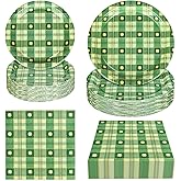 FYSUIMU 72 Pcs Retro St. Patrick's Day Tableware Set Green Shamrock Clover Plaid Disposable Paper Plates and Napkins for 24 Guests Irish Holiday Party Table Supplies