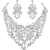 BriLove Women's Bohemian Boho Crystal Teardrop Filigree Leaf Hollow Statement Necklace Dangle Earrings Set