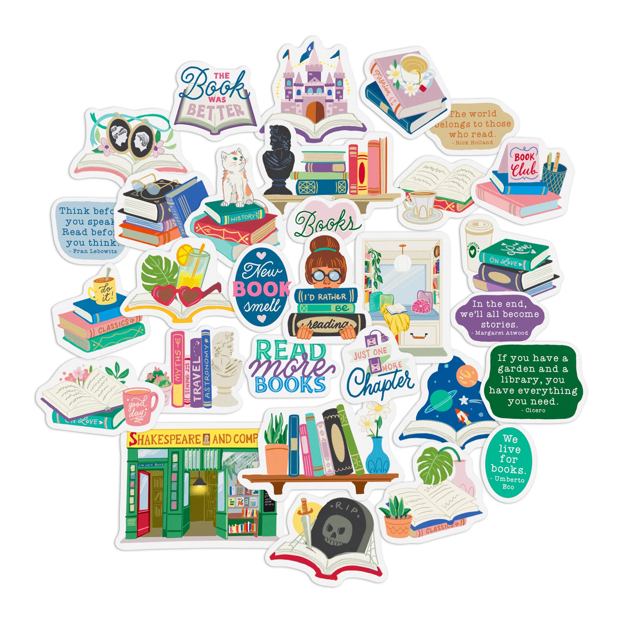 Navy Peony Cozy Book Lover Stickers (30 Pieces) - Reading Quotes, Calming, Waterproof | Library Stickers for Laptops, Water Bottles, Scrapbooks