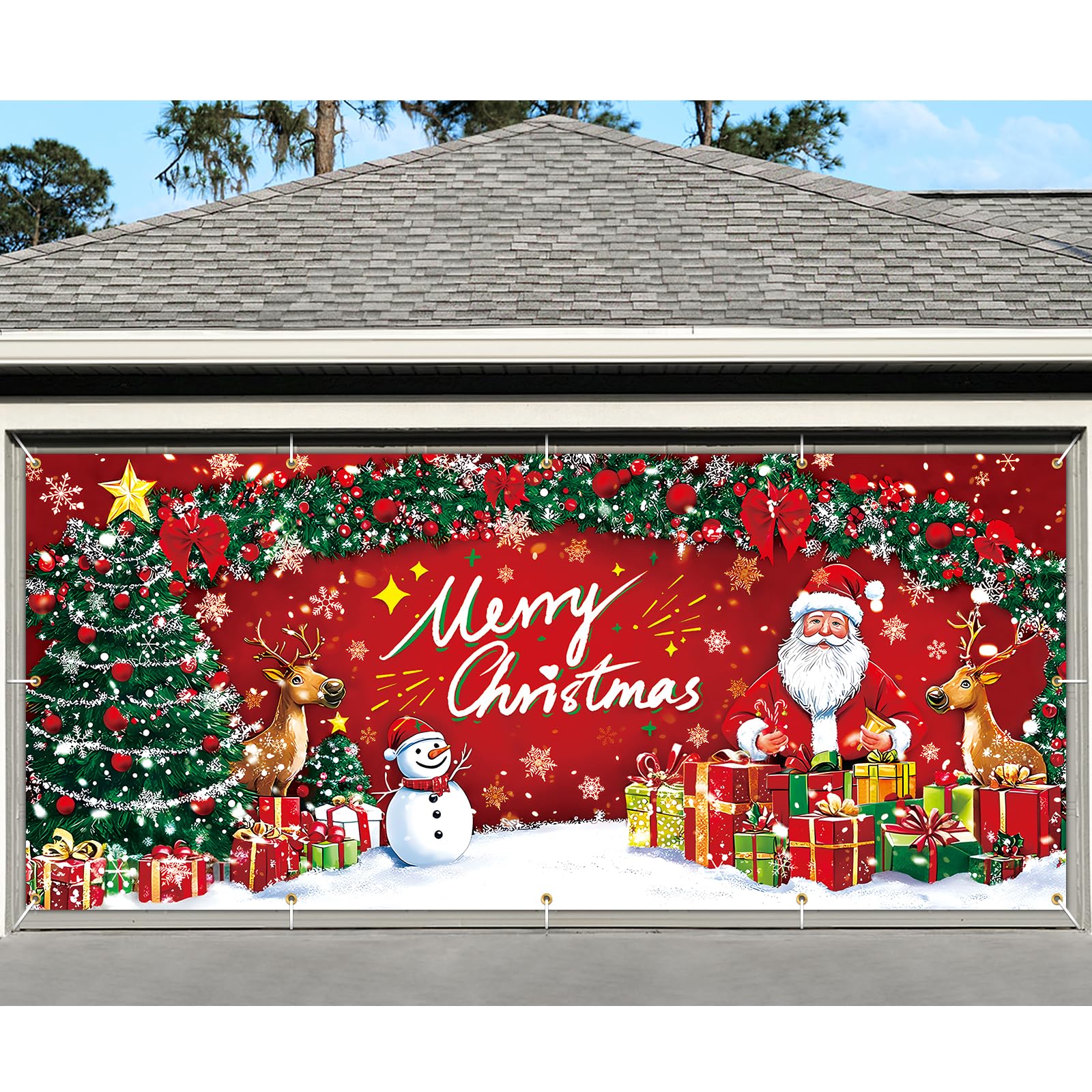 Photo 1 of Gtmileo Double Garage Door Christmas Decorations, 7 x 16 ft, Large Christmas Cover, Santa Claus, Snowman Banner, Outdoor/Indoor Backdrop