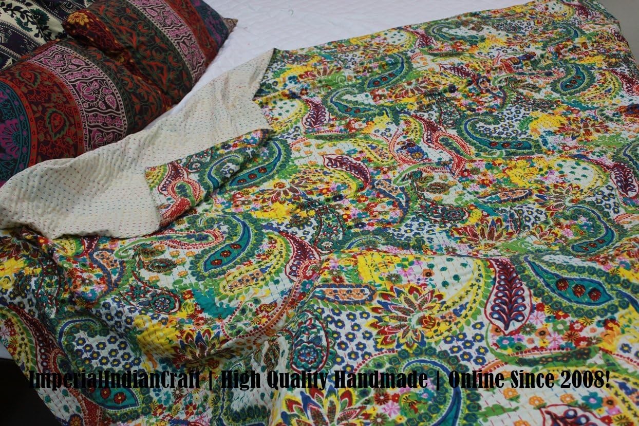SUNITA ENTERPRISES 100% Handmade Indian Paisley Quilt Blanket Comforter - Off White Ethnic Paisley Work Kantha Quilt, Ethnic Bohemian, Mediterranean Bedding | PREMIUM QUALITY | QUEEN SIZE