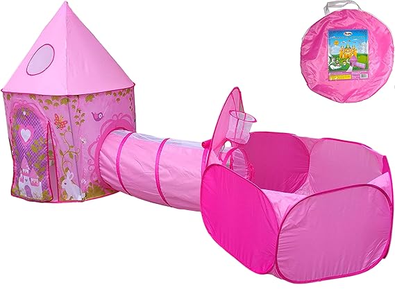 Playz 2pc Girls Princess Fairy Tale Castle Play Tent & Crawl Tunnel w/ Pink Prairie Design - Foldable for Indoor & Outdoor Use w/ Zipper Storage Case