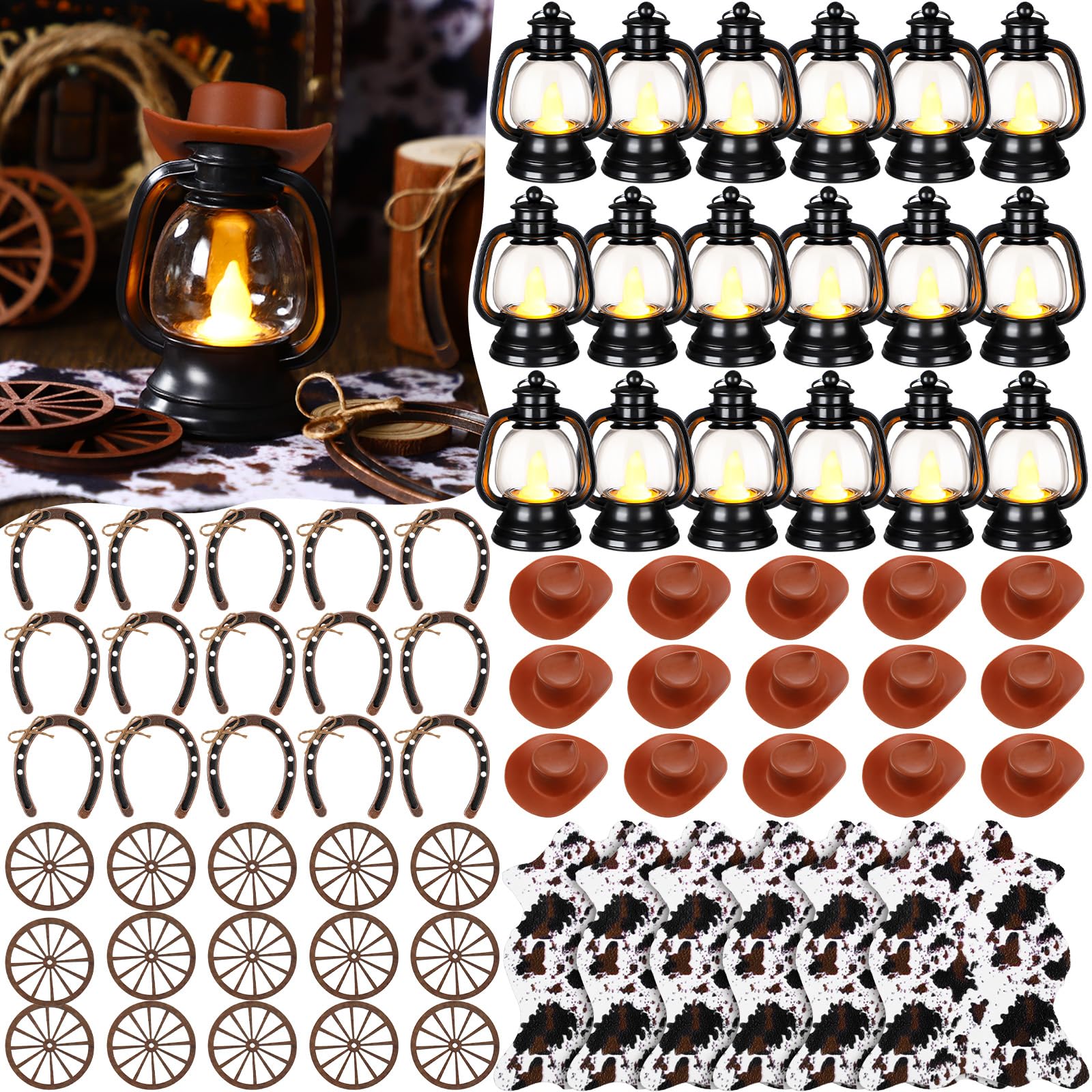 Photo 1 of ROCEEI 144 Pcs Western Theme Party Decorations 4" Cowboy Hats Lantern Mini Cow Carpet Horseshoe Wagon Wheel Rodeo Table Centerpieces for Adults Cowgirl Rustic Country Farm Birthday Party Accessories