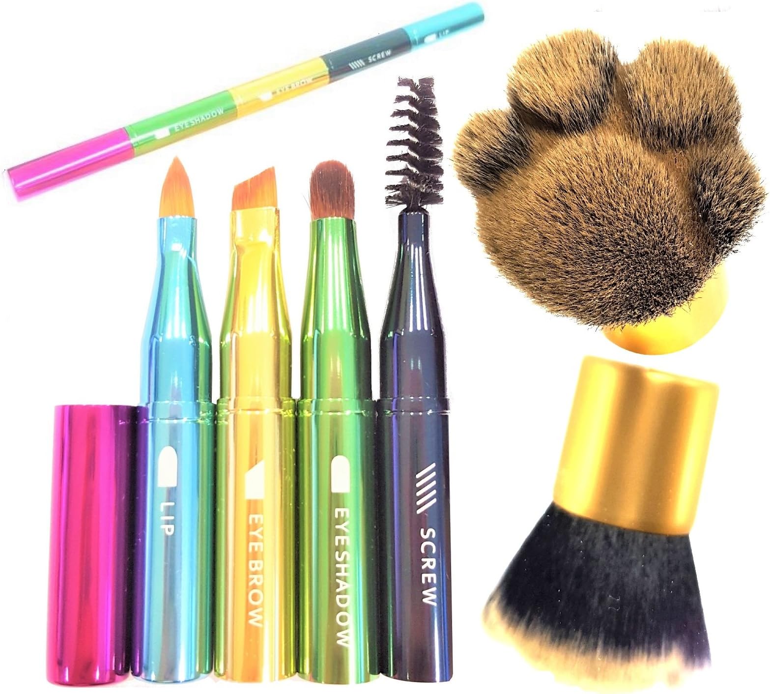 Dinnx super cute 4-in-1 travel compact size makeup brush for eyebrow eyeshadow eyeliner and lips on one handle+Kabuki brush for loose powder liquid foundation bronzer blush (set of 2)