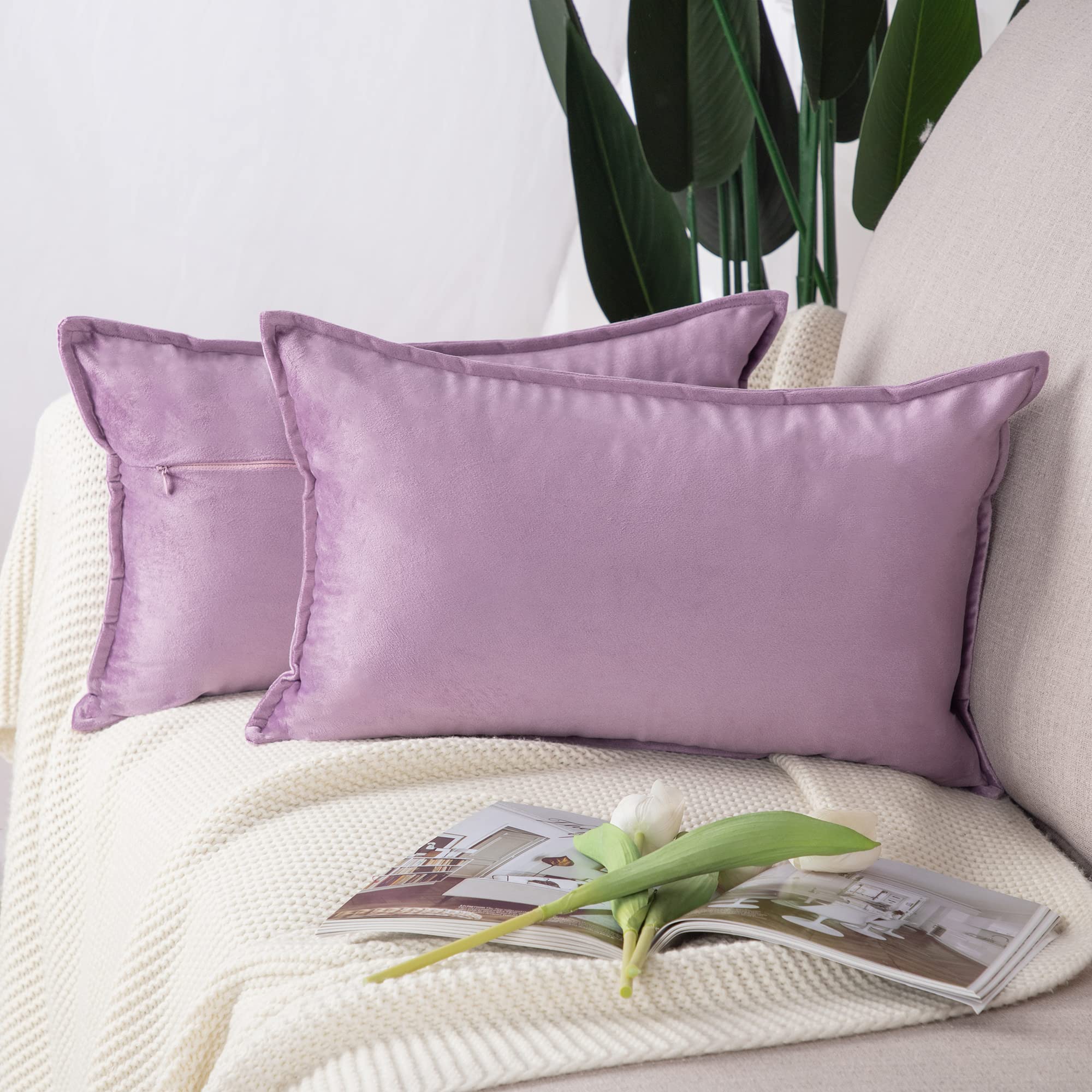 Madizz Pack of 2 Super Soft Velvet Decorative Cushion Covers with Fringe Luxury Style Cushion Case Pillow Shell for Sofa Bedroom Violet 12x20 inch, 30x50 cm Rectangular