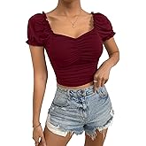 SweatyRocks Women's Ruched Short Puff Sleeve Tops Sweetheart Neck Frill Trim Elegant Shirts Crop Tops